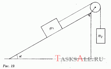 Клин с углом у основания a (рис. 19) может без трения перемещаться по гладкой горизонтальной поверхности. При каком отношении масс m<sub>2</sub>/m<sub>1</sub> грузов клин 1) неподвижен, 2) перемещается вправо, 3) перемещается влево? Коэффициент трения между поверхностями клина и грузов равен μ.