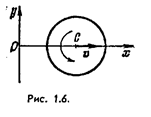 Вращающийся диск (рис. 1.6) движется в положительном направлении оси х. Найти уравнение у (х), характеризующее положения мгновенной оси вращения, если в начальный момент ось С диска находилась в точке О и в дальнейшем движется: а) с постоянной скоростью v, а диск раскручивается без начальной угловой скорости с постоянным угловым ускорением β против часовой стрелки;  б) с постоянным ускорением w (без начальной скорости), а диск вращается с постоянной угловой скоростью ω против часовой стрелки.