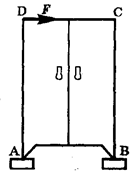 Шкаф массой m = 30 кг опирается ножками на платформы двух весов (см. оисунок). Ширина шкафа АВ = 1,2 м, высота AD = 2 м. Определите показания весов, если в точке D приложена горизонтальная сила F = 59 Н. Центр тяжести шкафа совпадает с его геометрическим центром.
