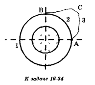 Между точками А и В (см. задачу 16.30) включен сверхпроводник АСВ (см. рисунок). Определите силу тока на различных участках цепи и разность потенциалов U между точками А я В. Сопротивление проволоки, из которой сделано кольцо, равно R.
