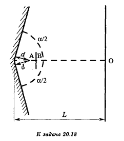  Два плоских зеркала образуют двугранный угол α = 179,5° (см. рисунок). На одинаковых расстояниях d = 10 см от каждого из зеркал расположен точечный источник А монохроматического света с длиной волны λ = 600 нм. Определите расстояние х между серединами соседних светлых интерференционных полос на экране, расположенном на расстоянии L = 3,0 м от линии пересечения зеркал. Ширма В не дозволяет попадать на экран свету непосредственно от источника А.
