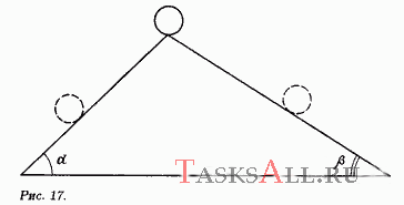 Шарик может соскальзывать по двум идеально гладким поверхностям треугольной призмы (рис. 17), α = 45°, β = 30°. Чему равно отношение промежутков времени t<sub>1</sub> и t<sub>2</sub>, за которые шарик соскальзывает с вершины призмы по одной, а затем по другой поверхности? Будет ли изменяться это отношение, если поверхности сделать шероховатыми?