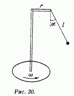 На подвижном диске укреплен математический маятник, как показано на рис. 30. При какой угловой скорости ω вращения диска нить маятника отклонится от вертикали на угол α = 45°? r = 10 см, l = 0,5 м.