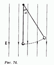 В однородном электрическом поле напряженностью 10<sup>4</sup> В/м на нити подвешен заряженный шарик, заряд и масса которого 10<sup>-6</sup> Кл и 10 г (рис. 74). Шарику в горизонтальном направлении сообщили скорость 1 м/с. На какой максимальный угол а отклонится нить? Длина нити 1 м.