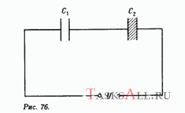 Два конденсатора с емкостями C<sub>1</sub> и С<sub>2</sub> соединены последовательно и подключены к источнику постоянного напряжения U (рис. 76). На какую величину изменится заряд на конденсаторах, если конденсатор емкостью С<sub>2</sub> заполнить диэлектриком с диэлектрической проницаемостью ε?