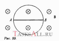 Проволочное кольцо радиусом 10 см находится в переменном магнитном поле, индукция которого изменяется по закону В = Kt (К = 2 · 10<sup>-4</sup> Тл/с). Определите силу тока, текущего по каждому участку цепи, изображенной на рис. 99. АВ — диаметр кольца. Сопротивление единицы длины проволоки 1,1 Ом/м.