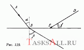 Луч АВ преломляется, как показано на рис. 119. Как будет преломляться луч DE, если α = 4 5°, β = 60° и γ = 30°?