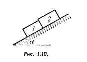 На наклонную плоскость, составляющую угол α с горизонтом, поместили два соприкасающихся бруска 1 и 2 (рис. 1.10). Массы брусков равны m<sub>1</sub> и m<sub>2</sub>, коэффициенты трения между наклонной плоскостью и этими брусками — соответственно k<sub>1</sub> и k<sub>2</sub>, причем k<sub>1</sub> > k<sub>2</sub>. Найти: а) силу взаимодействия между брусками в процессе движения; б) минимальное значение угла α, при котором начнется скольжение.