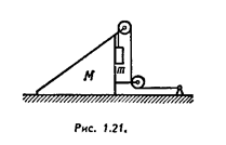 В системе (рис. 1.21) известны массы клина М и тела m. Трение имеется только между клином и телом m. Соответствующий коэффициент трения равен k. Массы блока и нити пренебрежимо малы. Найти ускорение тела m относительно горизонтальной поверхности, по которой скользит клин.