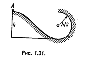 Небольшое тело А начинает скользить с высоты h по наклонному желобу, переходящему в полуокружность радиуса h/2 (рис. 1.31). Пренебрегая трением, найти скорость тела в наивысшей точке его траектории (после отрыва от желоба).