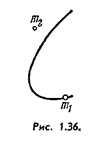Две взаимодействующие между собой частицы образуют замкнутую систему, центр инерции которой покоится. На рис. 1.36 показаны положения обеих частиц в некоторый момент и траектория частицы с массой m<sub>2</sub>. Построить тракторию частицы с массой m<sub>2</sub>, если m<sub>2</sub> = m<sub>1</sub>/2