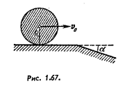 Сплошной однородный цилиндр радиуса R = 15 см катится по горизонтальной плоскости, которая переходит в наклонную плоскость, составляющую угол α = 30° с горизонтом (рис. 1.67). Найти максимальное значение скорости v<sub>0</sub>, при котором цилиндр перейдет на наклонную плоскость еще без скачка. Считать, что скольжения нет.