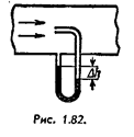 Трубка Пито (рис. 1.82) установлена по оси газопровода, площадь внутреннего сечения которого равна S. Пренебрегая вязкостью, найти объем газа, проходящего через сечение трубы в единицу времени, если разность уровней в жидкостном манометре равна ∆h, а плотности жидкости и газа — соответственно ρ<sub>0</sub> и ρ.