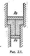 В гладкой открытой с обоих концов вертикальной трубе, имеющей два разных сечения (рис. 2.1), находятся два поршня, соединенные нерастяжимой нитью, а между поршнями — один моль идеального газа. Площадь сечения верхнего поршня на ∆S = 10 см<sup>2</sup> больше, чем нижнего. Общая масса поршней m = 5,0 кг. Давление наружного воздуха p<sub>0</sub> = 1,0 атм. На сколько Кельвин надо нагреть газ между поршнями, чтобы они переместились на l = 5,0 см?