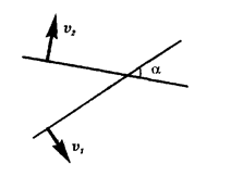 Две прямые, пересекающиеся под углом α (см. рисунок), движутся перпендикулярно самим себе со скоростями v<sub>1</sub> и v<sub>2</sub>. Определите скорость v точки пересечения прямых.
