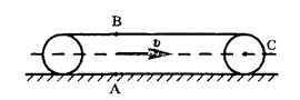  Трактор движется со скоростью v = 36 км/ч. С какой скоростью (см. рисунок) движутся относительно Земли: а) точка А на нижней части гусениц; б) точка В на верхней части гусениц; в) точка С?
