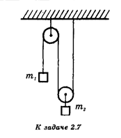 Определите ускорения а<sub>1</sub> и a<sub>2</sub> показанных на рисунке грузов и силу натяжения Т нерастяжимой нити. Массой блоков и нити можно пренебречь; трение отсутствует.
