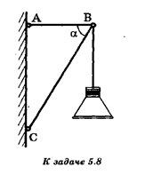  Невесомые стержни АВ и ВС шарнирно закреплены в точках А, В, С (см. рисунок). Чему равны действующие на стержни силы, если α = 60°, а масса подвешенного в точке В фонаря m = 3 кг?
