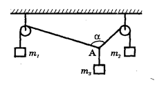 К концам нити, перекинутой через два блока, подвесили два груза m<sub>1</sub> и m<sub>2</sub> (см. рисунок). Какой груз m<sub>3</sub> надо подвесить к нити между блоками, чтобы при равновесии угол α был равен 120°? Рассмотреть случаи: a) m<sub>1</sub> = m<sub>2</sub> = 4 кг; б)  m<sub>1</sub> = 3 кг, m<sub>2</sub> = 5 кг.
