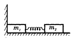 На гладком столе лежат два грузика с массами m<sub>1</sub> = 100 и m<sub>2</sub> = 300 г, соединенные пружиной жесткостью k = 50 Н/м. Один из грузиков касается стенки (см. рисунок). Грузики связаны нитью длиной l<sub>0</sub> = 6 см. При этом пружина сжата на ∆l = 2 см. Опишите движение грузиков после того, как нить пережигают. Массой пружины можно пренебречь.
