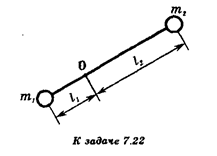 Невесомый стержень с закрепленными на нем грузами (см. рисунок) может вращаться вокруг горизонтальной оси О. Определите период Т его малых колебаний.
