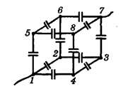 Из проволоки сделан куб, в каждое ребро которого вставлен конденсатор с емкостью С. Куб подключен к цепи противоположными вершинами, как показано на рисунке. Определите емкость С<sub>0</sub> получившейся батареи конденсаторов. 
