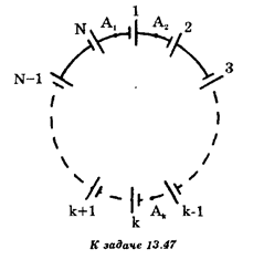 В цепи, показанной на рисунке, ЭДС каждого элемента E, внутреннее сопротивление r. Какова разность потенциалов между точками A<sub>1</sub> и A<sub>2</sub>? Между точками A<sub>1</sub> и А<sub>k</sub>? Сопротивлением соединительных проводов можно пренебречь.
