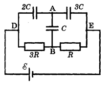 Определите заряд q на конденсаторе емкости С (см. рисунок).Внутреннее сопротивление источника пренебрежимо мало.
