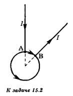  К двум точкам проволочного кольца подведен ток (см. рисунок). Протекающие по кольцу токи создают магнитное поле. Куда направлен вектор магнитной индукции В этого поля в центре кольца?
