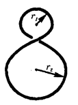 Виток провода изогнут в виде восьмерки (см. рисунок), так что r<sub>1</sub> = 20 мм и r<sub>2</sub> = 60 мм. В течение времени ∆t = 0,50 мс однородное магнитное поле, перпендикулярное плоскости витка, равномерно возрастает. Начальное значение индукции магнитного поля равно нулю, конечное В = 50 Тл. На какое напряжение U должна быть рассчитана изоляция между проводами, чтобы не произошел пробой?
