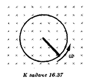 Сверхпроводящее кольцо радиуса l помещено в однородное горизонтальное магнитное поле с индукцией В. Ось кольца параллельна линиям магнитной индукции поля (см. рисунок). Стержень массой m и длиной l, имеющий сопротивление R, закреплен одним концом в центре кольца и может без трения поворачиваться вокруг этой точки, сохраняя электрический контакт с кольцом. По какому закону должно изменяться напряжение U, приложенное между кольцом и его центром, чтобы стержень вращался с постоянной угловой скоростью ω?
